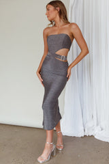 Glisten Cut-Out Buckle Waist Midi Dress Silver