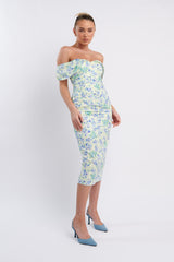 Lillianne Off-Shoulder Midi Dress Floral Blue