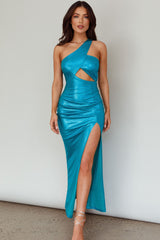 Zephir One-Shoulder Split Midi Dress Aqua