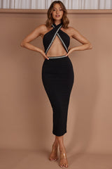 Vanna Diamante Trim Halterneck Dress Black