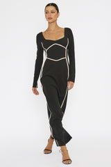 Shenae Long Sleeve Piping Midi Dress Black