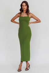Goldfoil Halter Neck Maxi Dress Olive