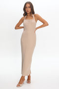 Goldfoil Halter Neck Maxi Dress Ecru