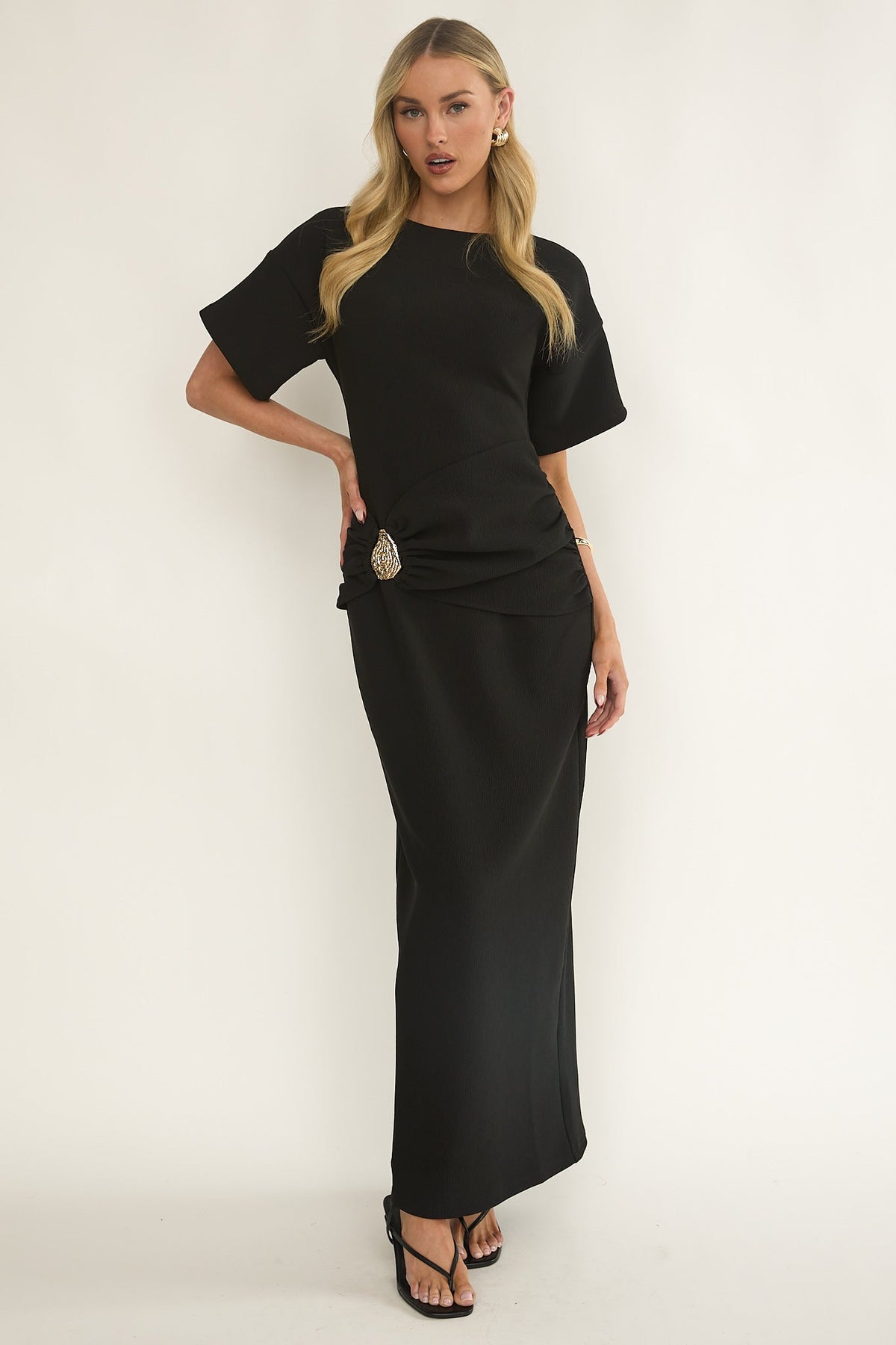 Briona Short Sleeve Buckle Maxi Dress Black