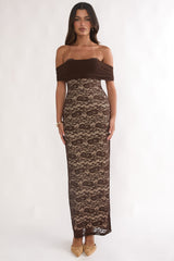 Jewelene Off-Shoulder Maxi Dress Lace Chocolate