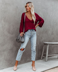 Capitol Reef V-Neck Knit Pocket Top - Maroon