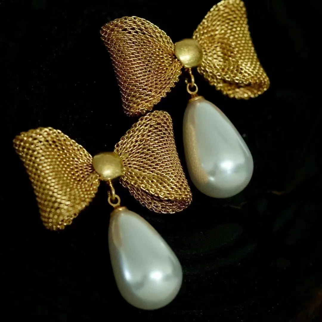 Vintage Water Drop Pearl Bow Earrings