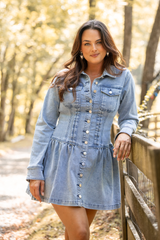 My Favorite Stretchy Medium Wash Long Sleeve Button Front Mini Dress FINAL SALE