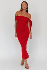 Aurora Sky Off-Shoulder Tie Maxi Dress Cherry