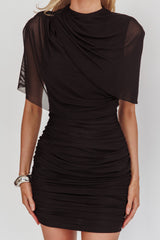 Hendrix Ruched Shoulder Cape Mini Dress Black