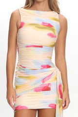 Luli Boat Neck Sash Mini Dress Floral