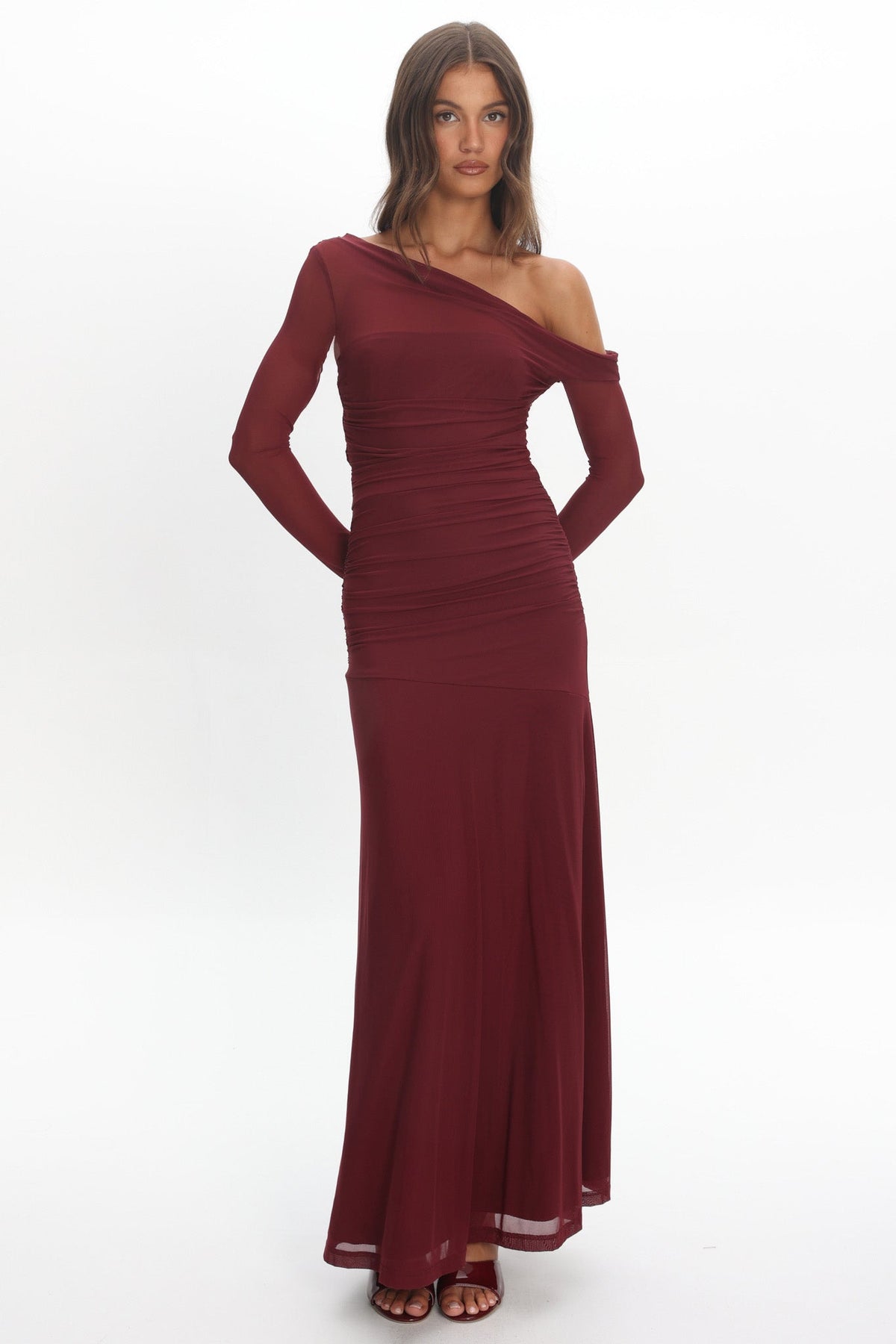 Lylah Asymmetric Neckline Long Sleeve Maxi Dress Mesh Plum