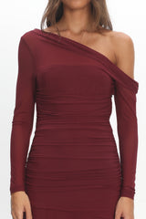 Lylah Asymmetric Neckline Long Sleeve Maxi Dress Mesh Plum