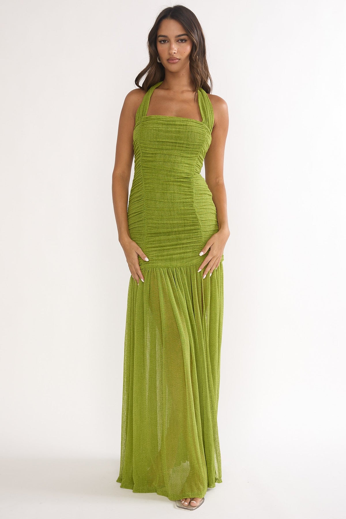 Galinda Ruched Bodice Halterneck Maxi Dress Olive