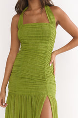 Galinda Ruched Bodice Halterneck Maxi Dress Olive