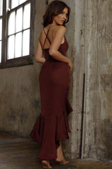 Dream Of Me Split Front Ruffle Midi Dress Wine