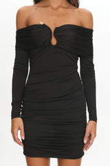 Anaelle Long Sleeve Off-Shoulder Mini Dress Black