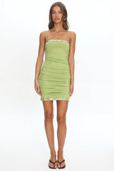 Denia Button Trim Ruched Mini Dress Green