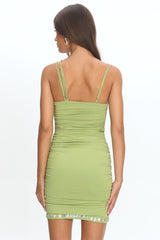 Denia Button Trim Ruched Mini Dress Green