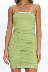 Denia Button Trim Ruched Mini Dress Green