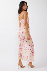 Kindred Soul Ruched Mesh Midi Dress Floral Pink