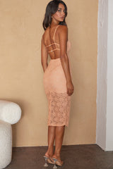 First Kiss Strappy Back Lace Overlay Knee Length Split Dress Peach