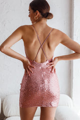 Sicily Asymmetrical Cowl Neckline Sequin Mini Dress Blush