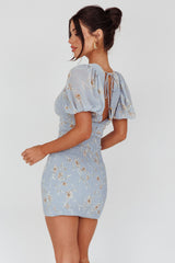 La Nena Shirred Mini Dress Floral Blue