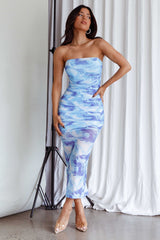 Logan Strapless Ruched Midi Dress Blue
