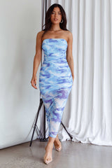 Logan Strapless Ruched Midi Dress Blue