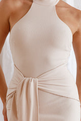 Rapt Waist Tie Halterneck Knit Midi Dress Stone