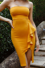 Truth Or Dare Ruffle Accent Bandeau Dress Mustard