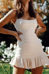 Augustine Pleated Detail Cut-Out Waist Dress Beige