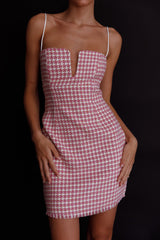 Dolce Life Low Back Mini Dress Houndstooth Pink