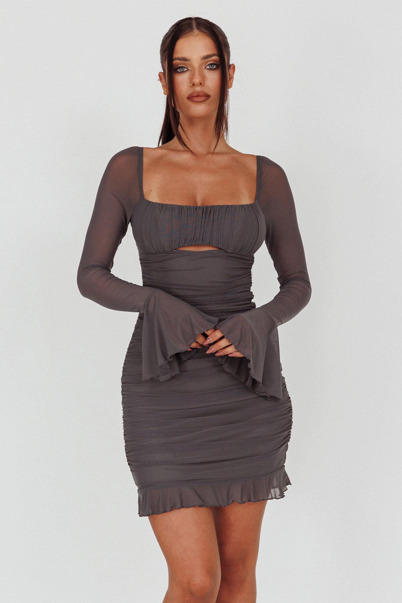 In Bloom Flared Cuff Mini Dress Charcoal
