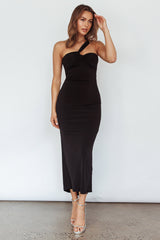 Trinny One-Shoulder Ruched Back Midi Dress Black