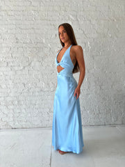 Stasi Blue Satin Halter Maxi Dress