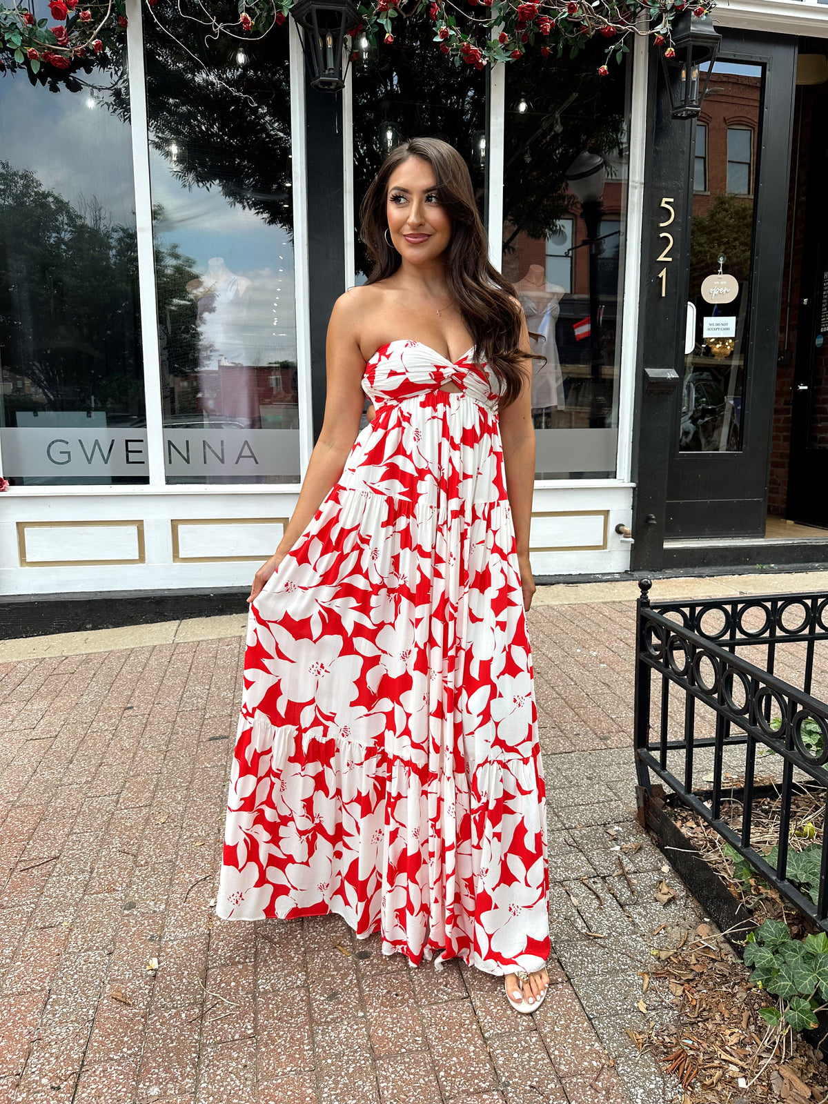 Tori Red and Ivory Strapless Maxi Dress