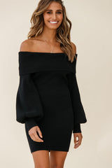 Runaway Off Shoulder Balloon Sleeve Knit Dress Black
