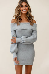 Runaway Off Shoulder Balloon Sleeve Knit Dress Grey