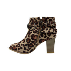 Brown leopard print studded-straps ankles boots