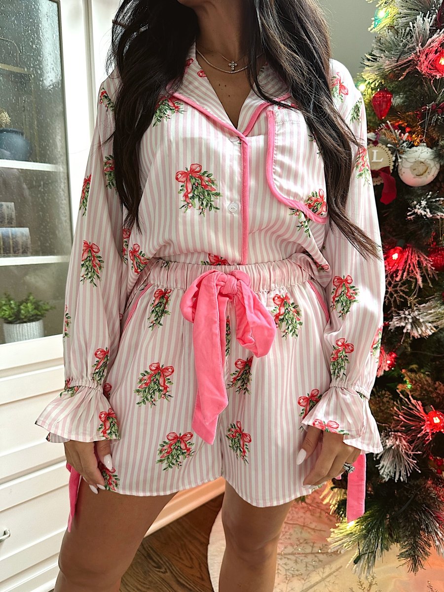 Clara Pink Striped Wreath Satin Pajama Set