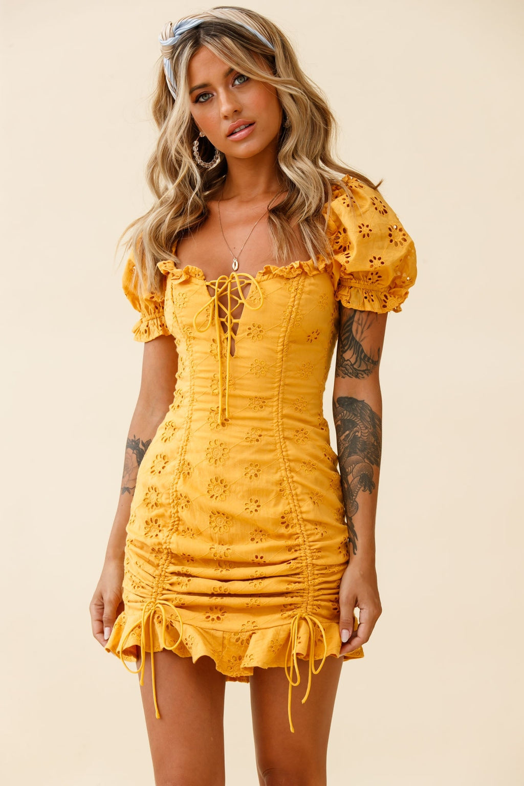 La Quinta Lace-Up Bust Drawstring Detail Anglaise Dress Yellow