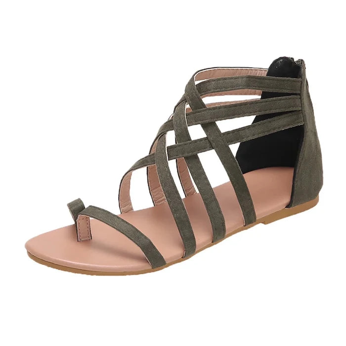 Women Summer Sandals Dark Green Loop Toe Shoes