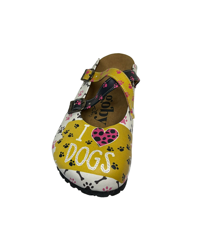 Yellow and White I love Dogs Crisscross Mule